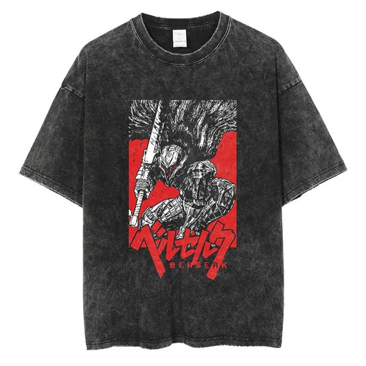 Anime Berserk Vintage Manga Acid Washed T Shirt 100% Cotton Tees Hip Hop Streetwear Short Sleeves Trend Graphic Printed Tops