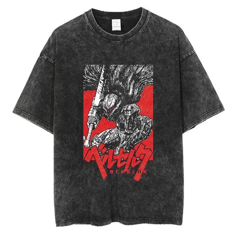 Anime Berserk Vintage Manga Acid Washed T Shirt 100% Cotton Tees Hip Hop Streetwear Short Sleeves Trend Graphic Printed Tops