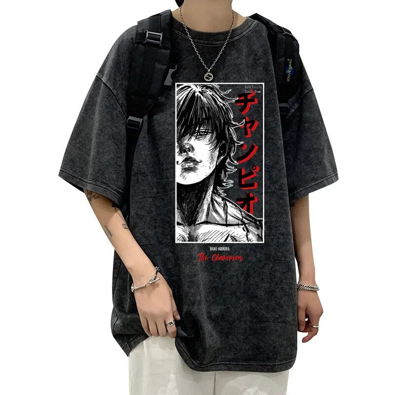 Anime Grappler Baki Hanma T Shirts Unisex Harajuku Streetwear Fashion Washed T-Shirts 100% Cotton Summer Clothes Casual Wear